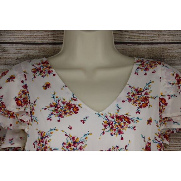 Very J Womens Size Medium Large Floral Midi Cap Sleeve Dress White Pink - Picture 2 of 6